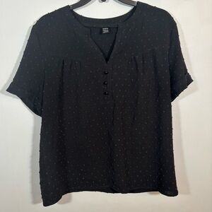 Shein Black Swiss Dot Blouse Women’s Large | Short Sleeve Button Front Top
